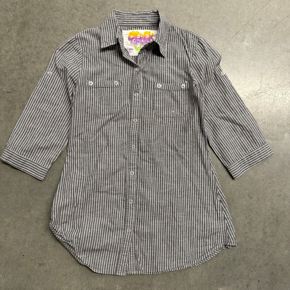 Derek Heart Womens Gray White Pinstripe Roll Tab Sleeve Button Down Tunic Small
